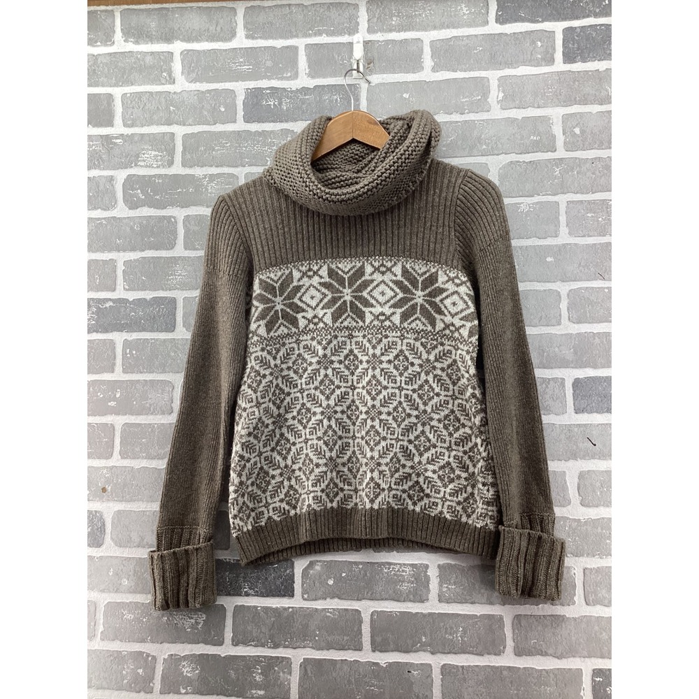 Moda International Women Brown Fair Isle Wool Blend Cowl Neck Sweater y2k Medium